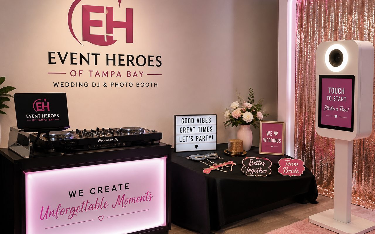 Illustrative mockup of a DJ and photo-booth setup branded Event Heroes of Tampa Bay. Not a photograph of the business.