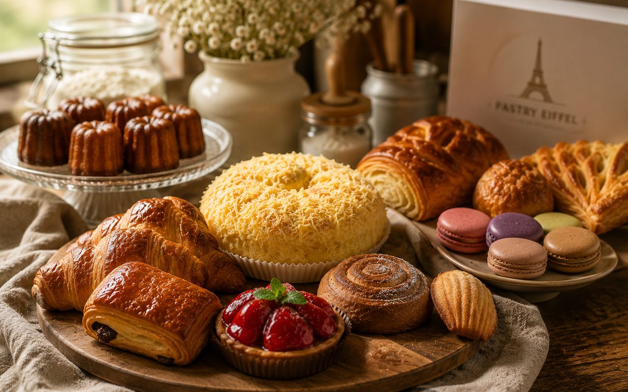 A Pastry Eiffel spread — canelés, croissants, pain au chocolat, a cheese-topped ensaymada, strawberry tart, cinnamon roll, madeleine and macarons, beside a branded box.