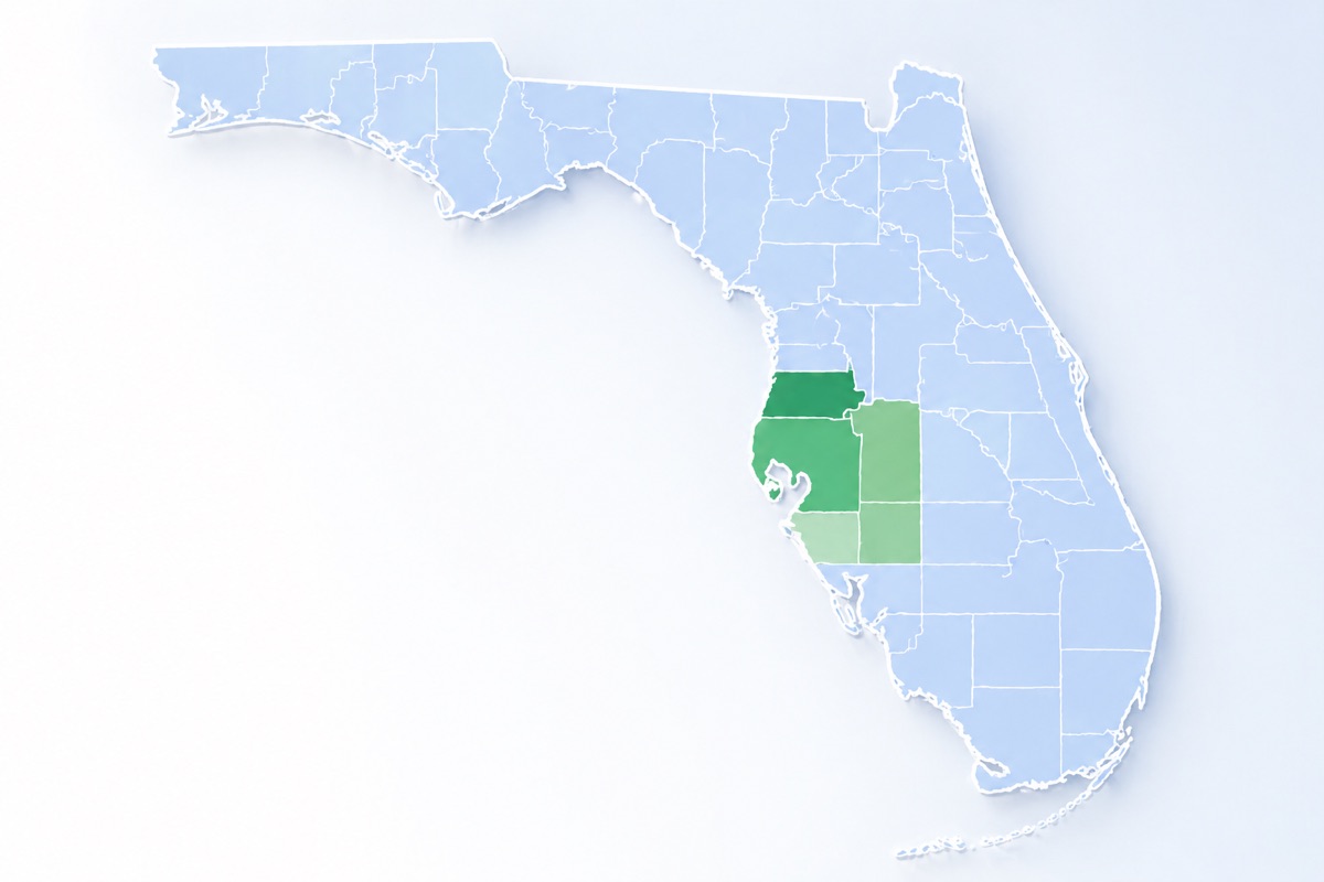 Map of Florida with the four served counties — Hillsborough, Polk, Hardee and Manatee — highlighted