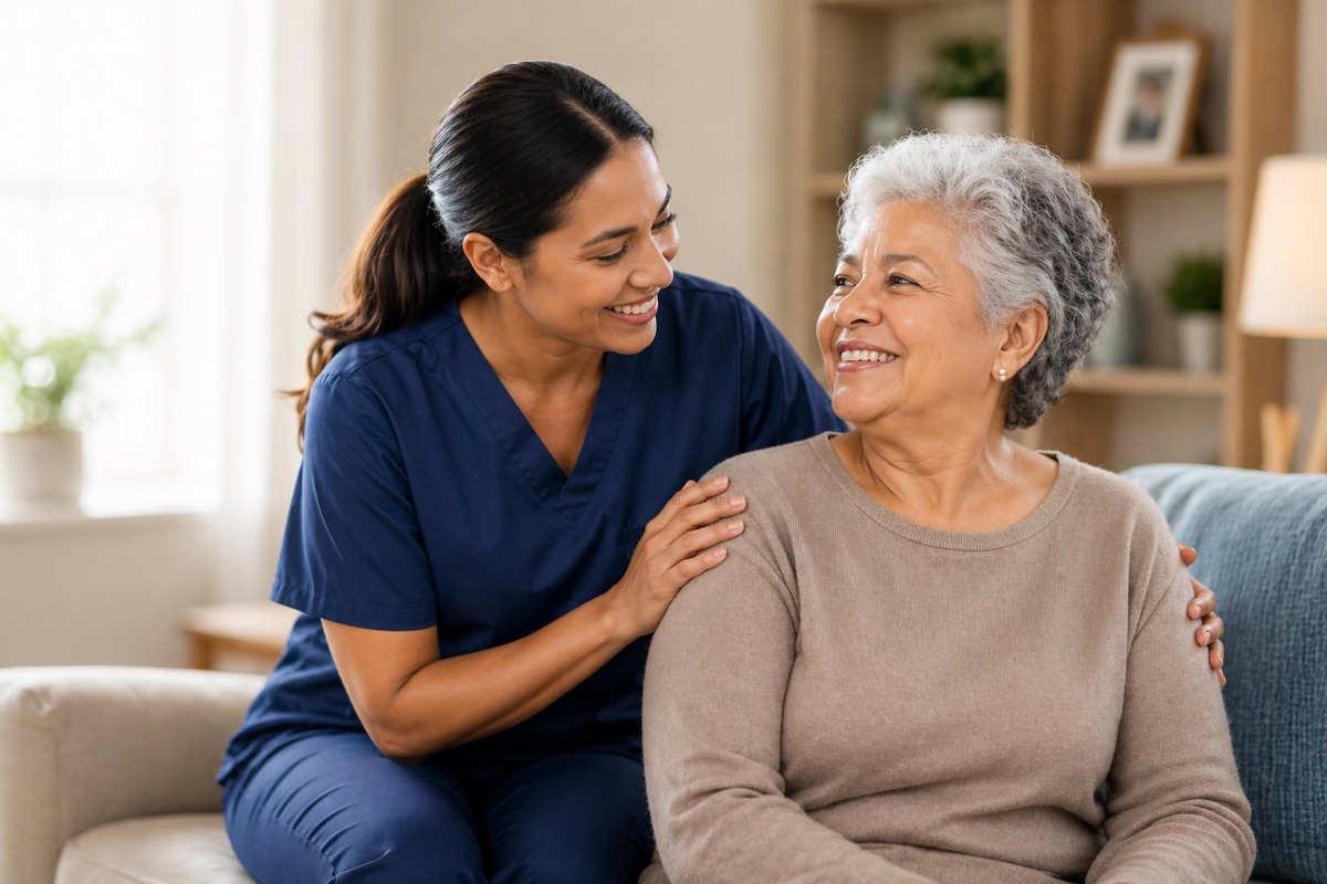 A caregiver in scrubs sitting with a smiling senior woman in her living room
