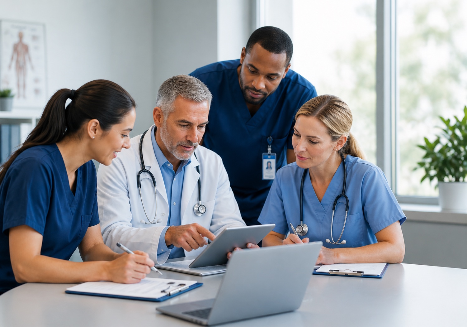 A clinical care team reviewing an intake together on a tablet