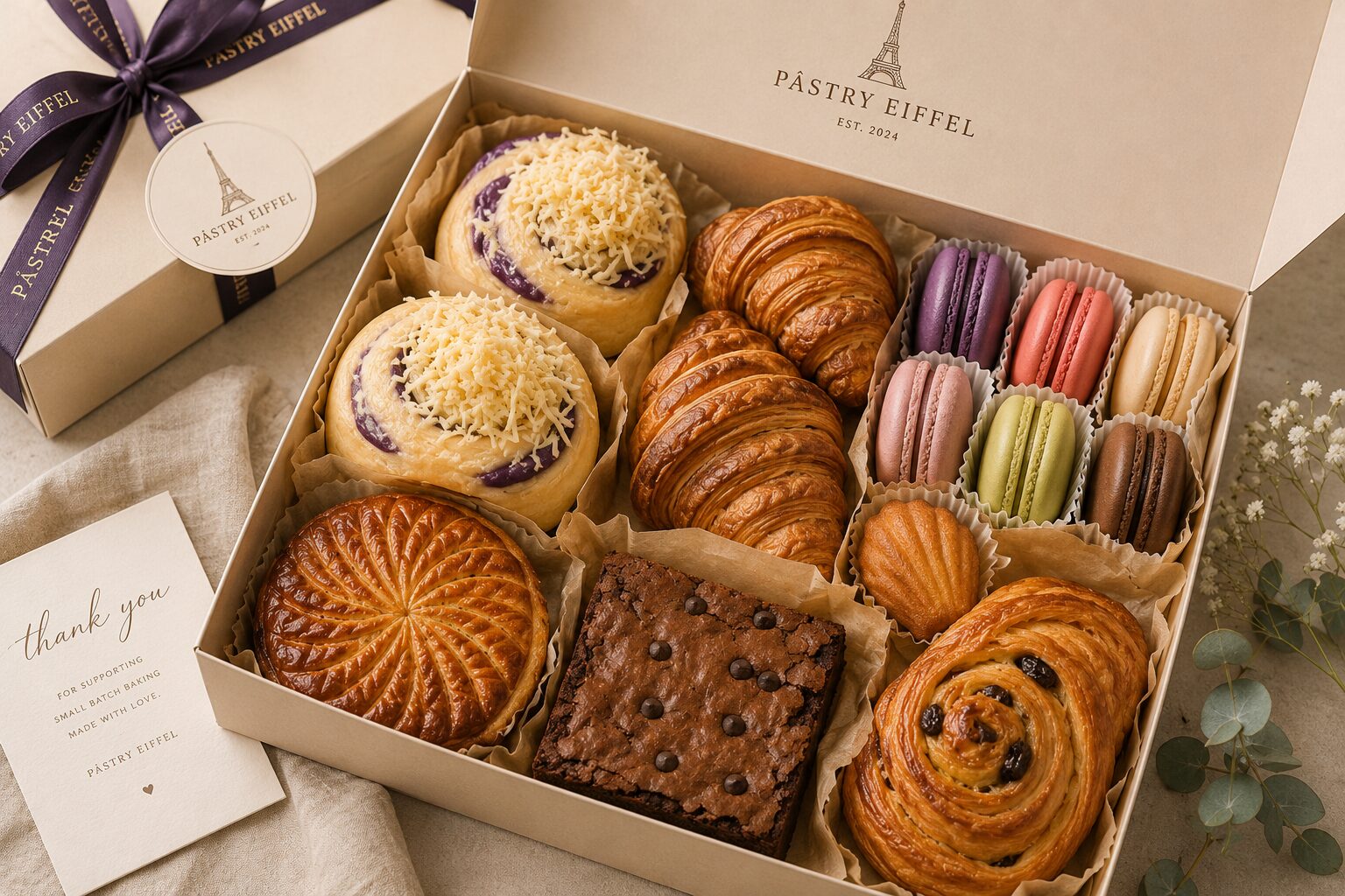 A kraft gift box of ensaymada, croissants, macarons and galette tied with ribbon