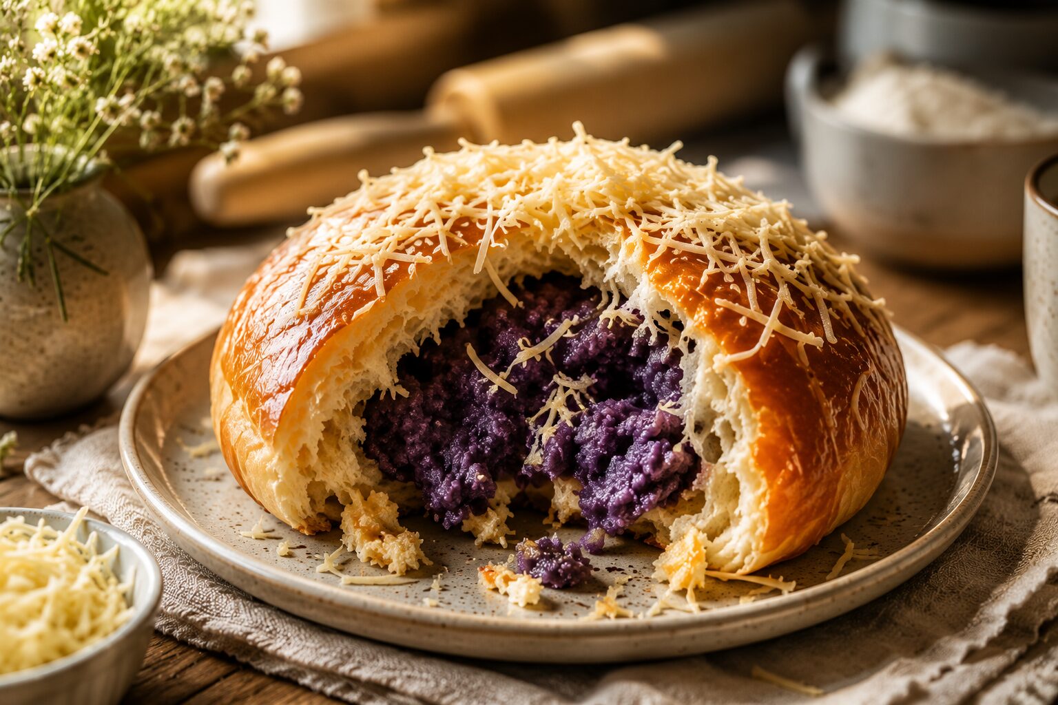 An ube-cheese ensaymada pulled open, showing the purple ube center under a grated-cheese crown