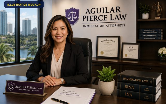 Illustrative mockup of an immigration-law office branded Aguilar Pierce Law. Not a photograph of the firm or its attorneys.