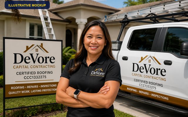 Illustrative mockup of a roofing yard sign and truck branded DeVore Capital Contracting. Not a photograph of the company, its vehicles or its crew.