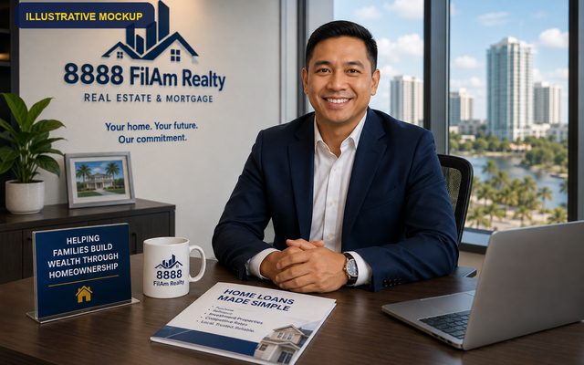 Illustrative mockup of a real-estate office branded 8888 FilAm Realty. Not a photograph of the business or its broker.
