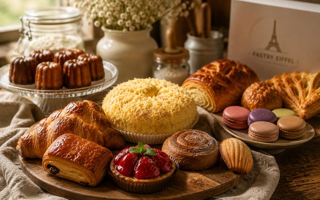 A Pastry Eiffel spread — canelés, croissants, pain au chocolat, a cheese-topped ensaymada, strawberry tart, cinnamon roll, madeleine and macarons, beside a branded box.