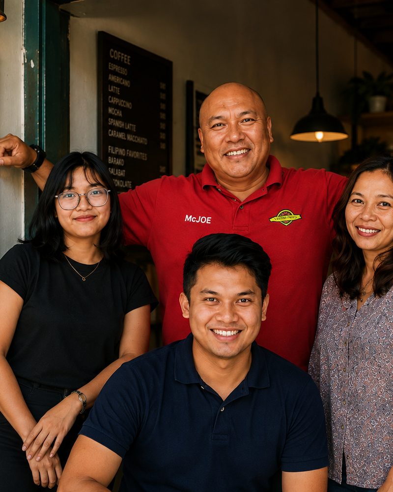 Four family business owners standing together in the doorway of their shop
